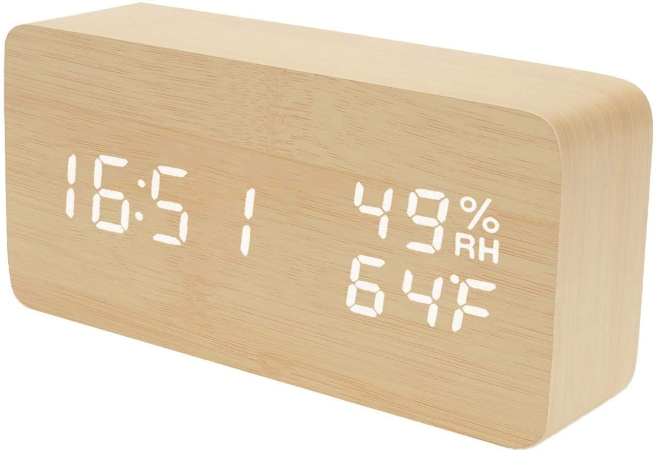 Wooden Alarm Clock Electronic Digital LED Temperature Humidity Voice Control US 
