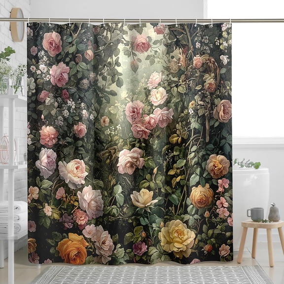 Spring Rose Shower Curtain, Victorian Vintage Floral Waterproof Bathroom Curtain with Hooks, Elegant Bathroom Decor 36"W x 72"H