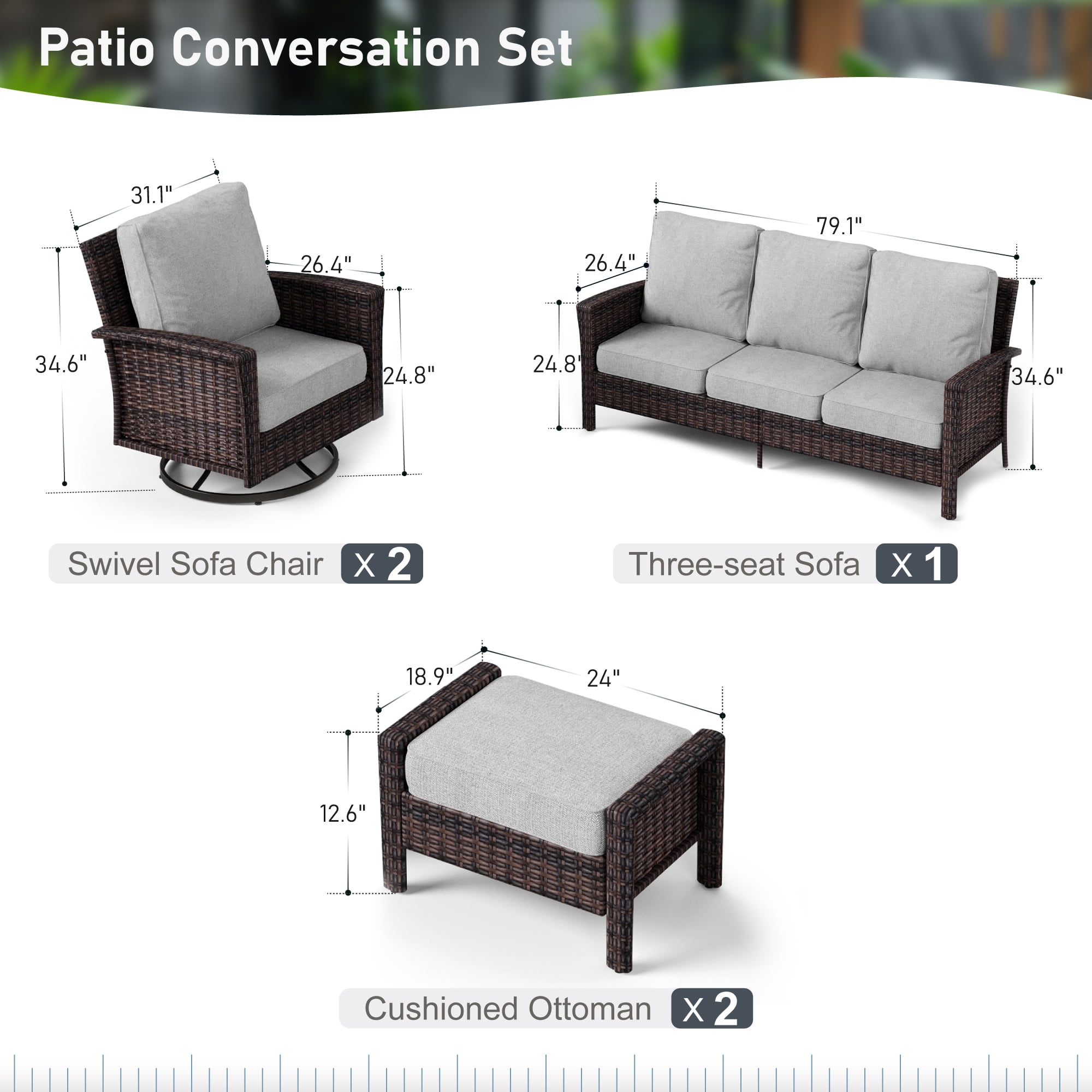 SUMMIT LIVING 7-Seat Wicker Outdoor Patio Furniture Set with Swivel Chairs & Ottomans, Metal Sectional Patio Conversation Set, Light Gray