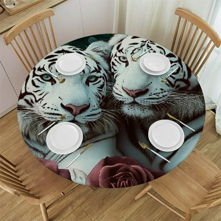 

Patifu White Tigers Roses Round Tablecloth Stain-Resistant Washable for Indoor Outdoor Restaurants Weddings Parties Home Kitchen Holiday Dinner Tablecloths 31 -35