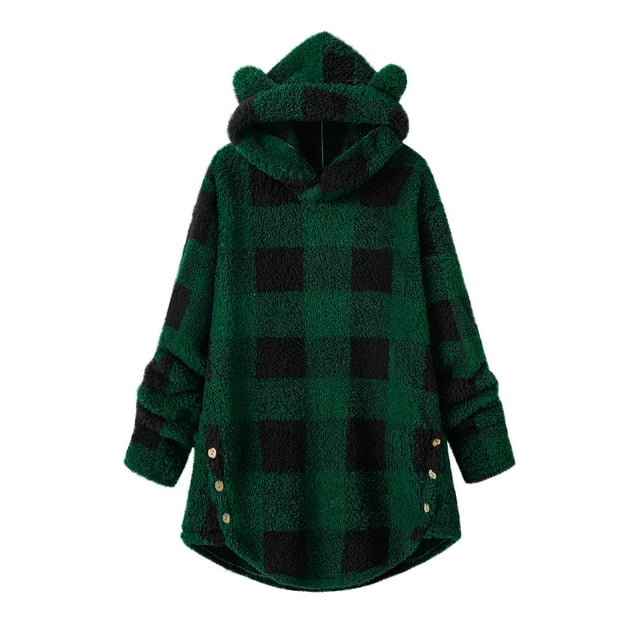 Hauts de Mode pour Femmes, Sweat à Capuche en Polaire à Manches Longues à Carreaux, Coupe Régulière, Sweat à Capuche pour Femmes