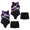 thumbnail image 2 of Raenseen Kids Girls Contrast Color Patchwork Sport Suit Sleeveless Round Neck Gymnastics Leotard with Purple&Black 6, 2 of 9