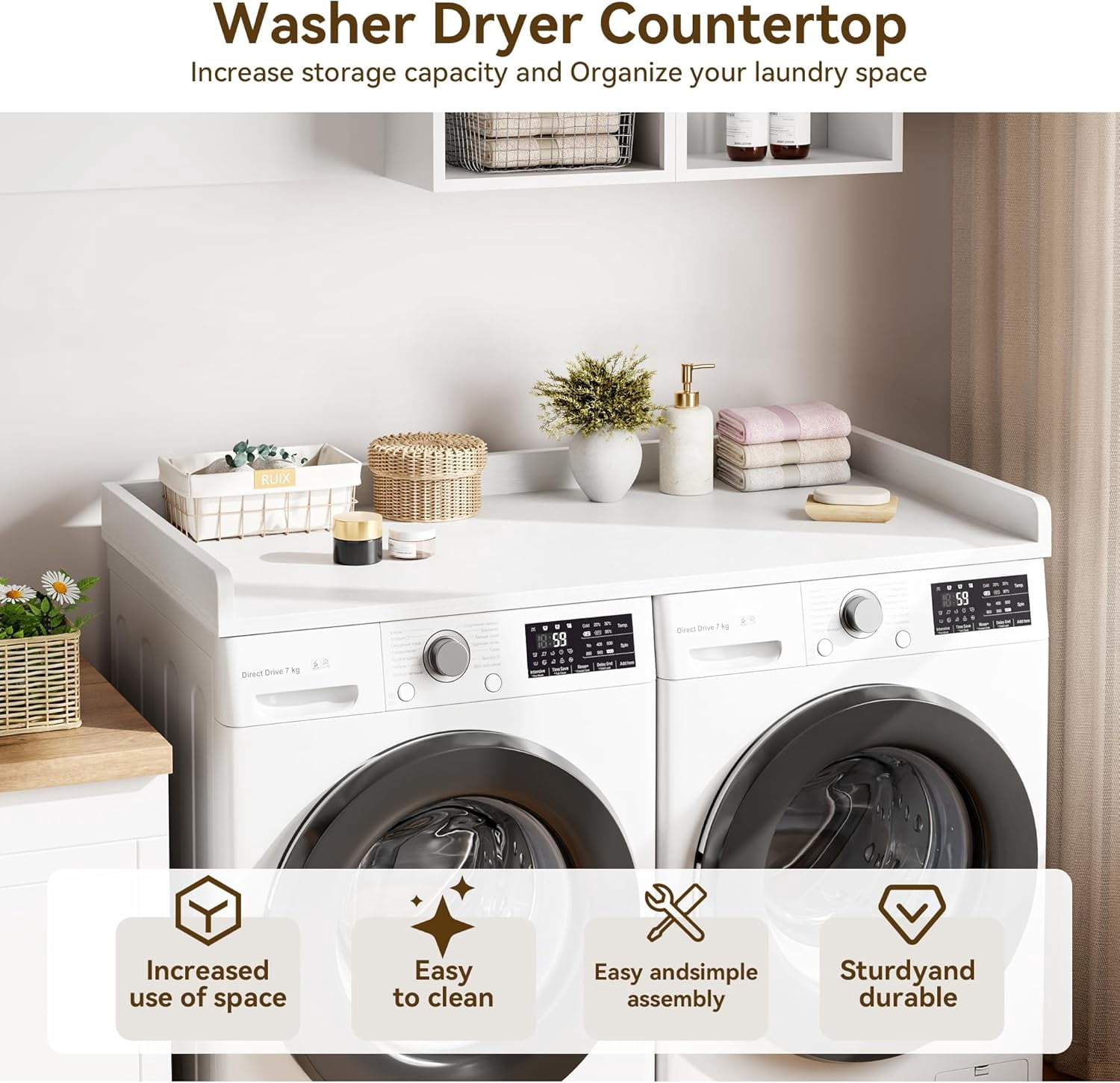 Washer Dryer Countertop, laundry topper with Edge and Non-Slip Pad for Washer Dryer Laundry Hamper Counter Storage Organization 54"x27.5" ，White