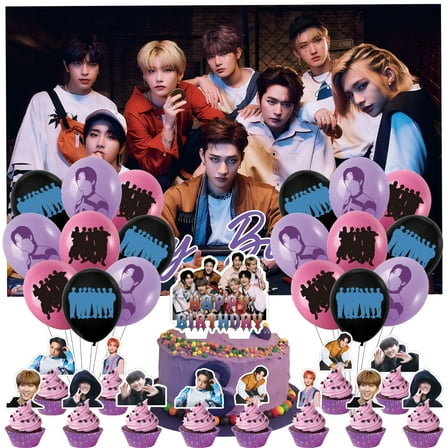 32 Piece For Stray Kids Merch 5 Cartoon-Themed Party Decoration Set – Includes Backdrop, Cake Topper, 18 Balloons, and 12 Cupcake Toppers for Festive Celebrations