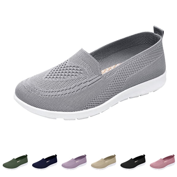 Domzle Women's Wide Walking Shoes Slip On Shoes Wide Toe Stretch Mesh Knit Upper Arch Support Lightweight Comfort Sneaker Gray US-6