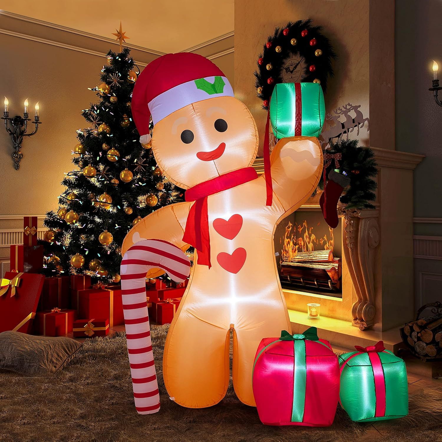8FT Inflatable Gingerbread Man with Candy Cane and Three Gift Boxes,LED Lighted Christmas Decoration Indoor and Outdoor