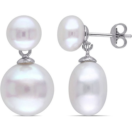 Miabella 8-8.5mm and 10-10.5mm White Button Cultured Freshwater Pearl Sterling Silver Dangle Earrings