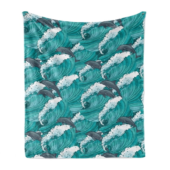 Sea Animals Soft Flannel Fleece Throw Blanket, Wavy Ocean with Dolphins Windy Surfing Doodle Style Art Print, Cozy Plush for Indoor and Outdoor Use, 70" x 90", Charcoal Grey Teal White, by Ambesonne