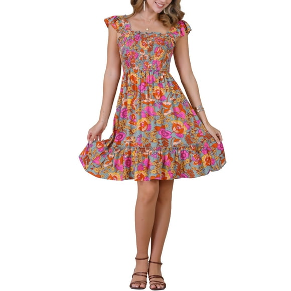 INSPIRE CHIC Floral Smocked Dress for Women's Sleeveless Square Neck Ruffled Dress L Sage Green