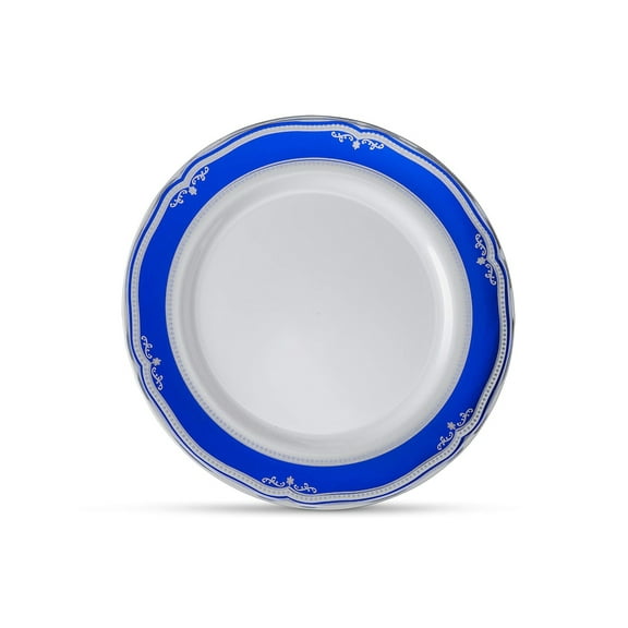 Cobalt Blue / Silver Tableware Set of 32 White Party Plates With Blue & Silver Border/Rim