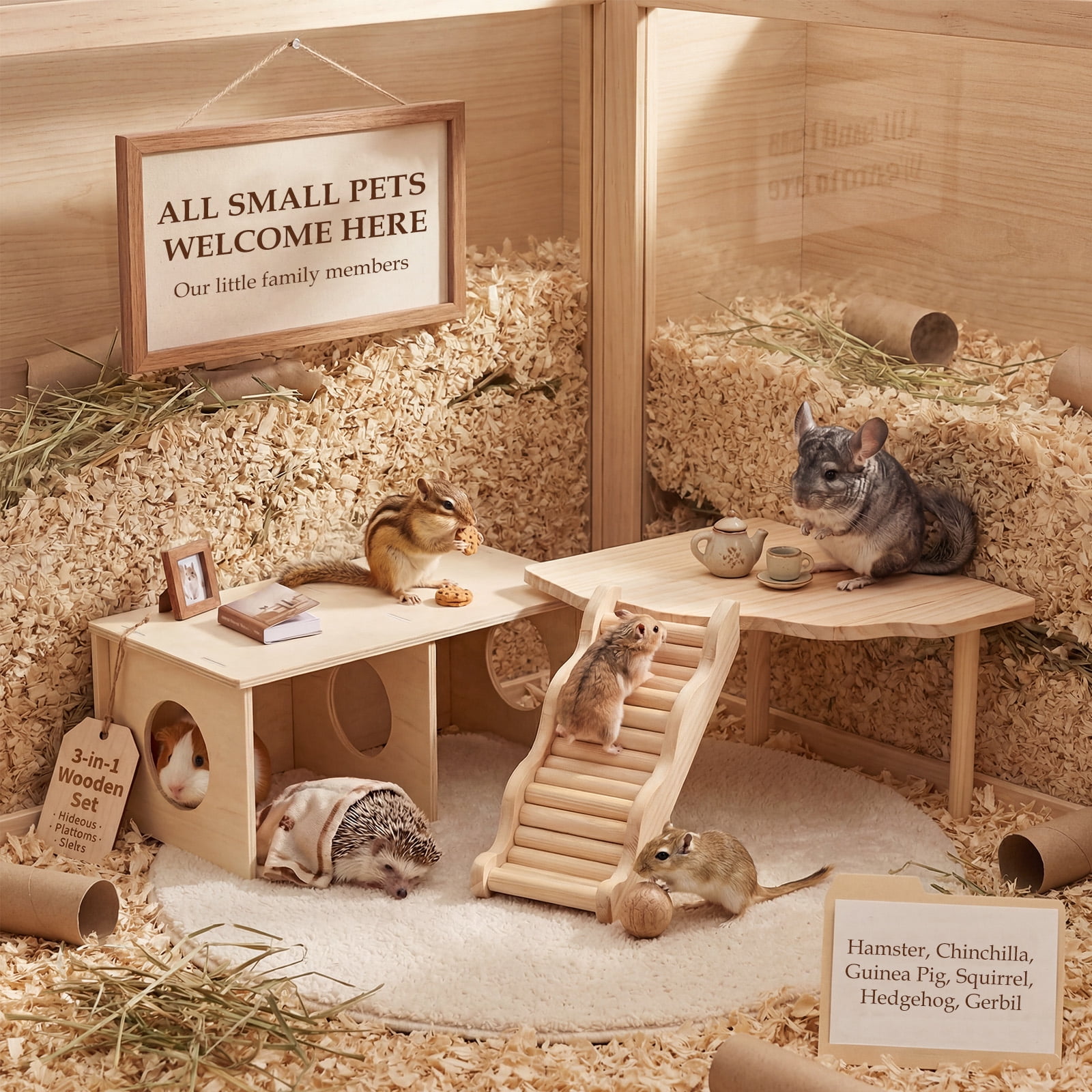 Wooden Hamster Platform Hideout with Ladder Hamster Play Platform Toy Small Pet Playhouse Climbing Toy for Chinchillas Guinea Pigs Golden Squirrels Hedgehogs