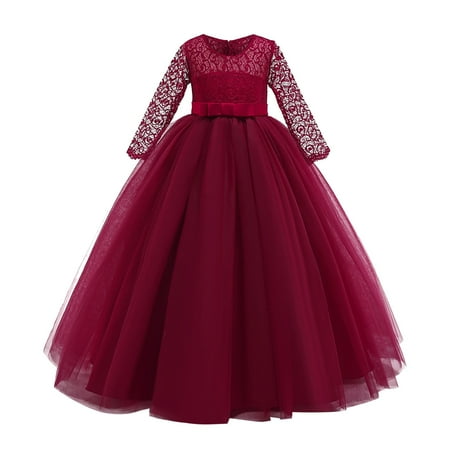 

MPWEGNP Lace Formal Girls Princess Flower Performance Girl Child Dress Wedding Bowknot Clothes Girls Dress&Skirt Long Sleeve Tulle Flower Girl Dress Long Sleeve Dresses for Girls Formal