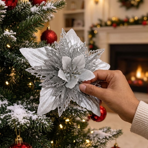 Artificial Poinsettia Flower Picks with Glitter for Christmas Tree, DIY Holiday Floral Ornaments for Wreath Garland Arrangement, Christmas Festive Holiday Home Decor Accessory