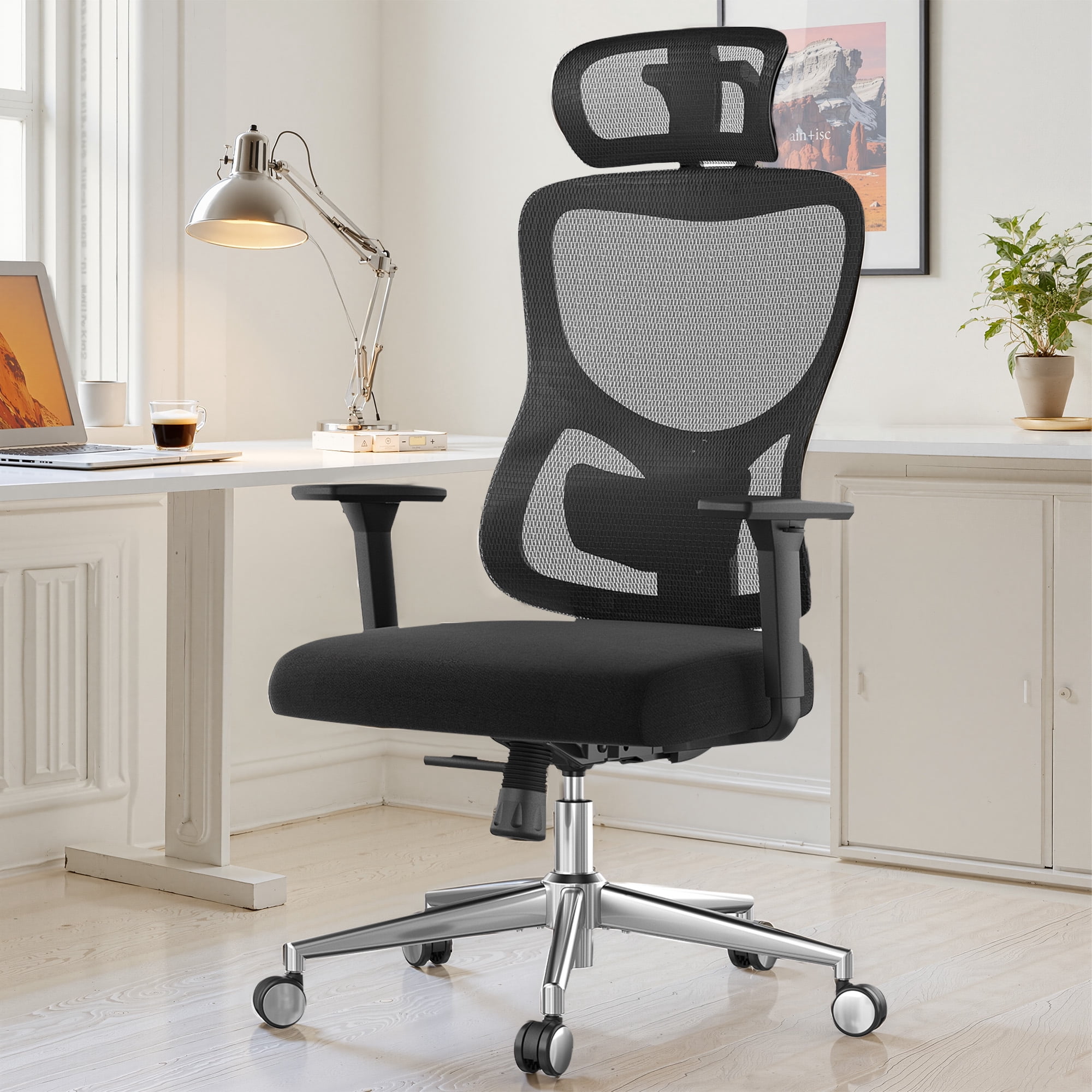 MAYEERTY Ergonomic Mesh Home Office Chair with Headrest, Adjustable Lumbar Support, 3D Armrests, Black
