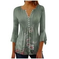 thumbnail image 1 of Pompotops Mode Femme Imprimé Bouton Décontracté Col en V Manches 3/4 T-Shirt Blouse Tops en Solde, 1 of 5