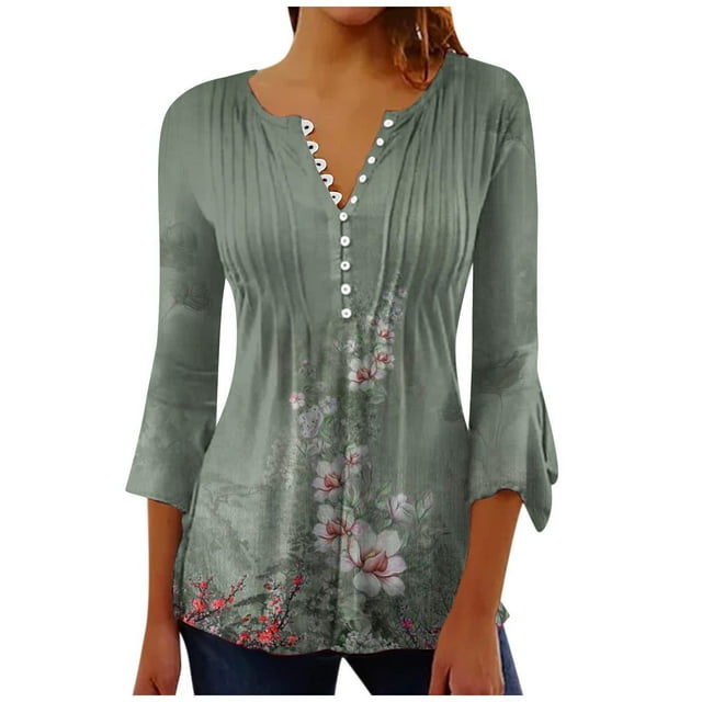 Pompotops Mode Femme Imprimé Bouton Décontracté Col en V Manches 3/4 T-Shirt Blouse Tops en Solde