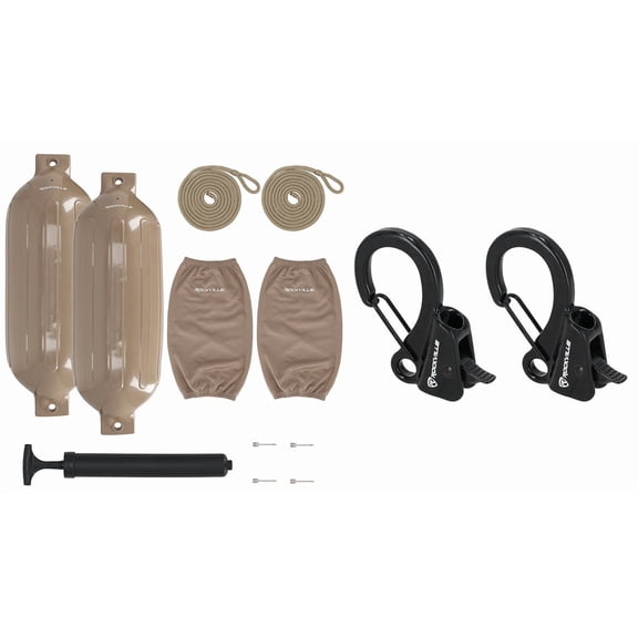 Rockville FEN210-SAND Bundle: 2 10 in x 30 in Boat Fenders, 2 Covers, 2 Fender Lines, Hand Pump, 2 RQA-2 Quick Release Fender Clips, 11-Items