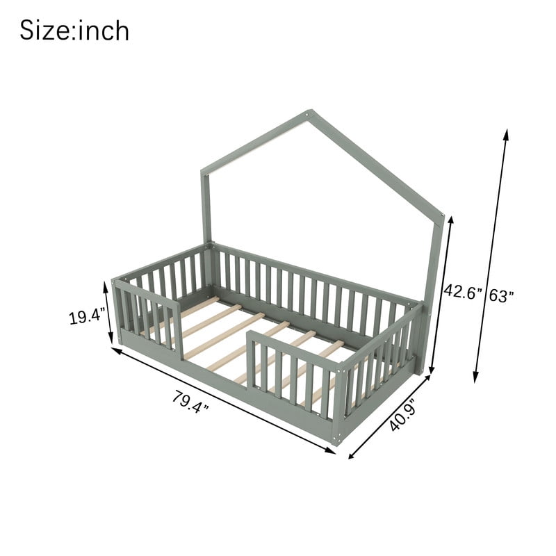 Twin Floor Bed with High Rails, Wooden Montessori Bed Frame with Single Color Light and House Shape Design, Low Profile Beds for Kids, twin bed frames Gray