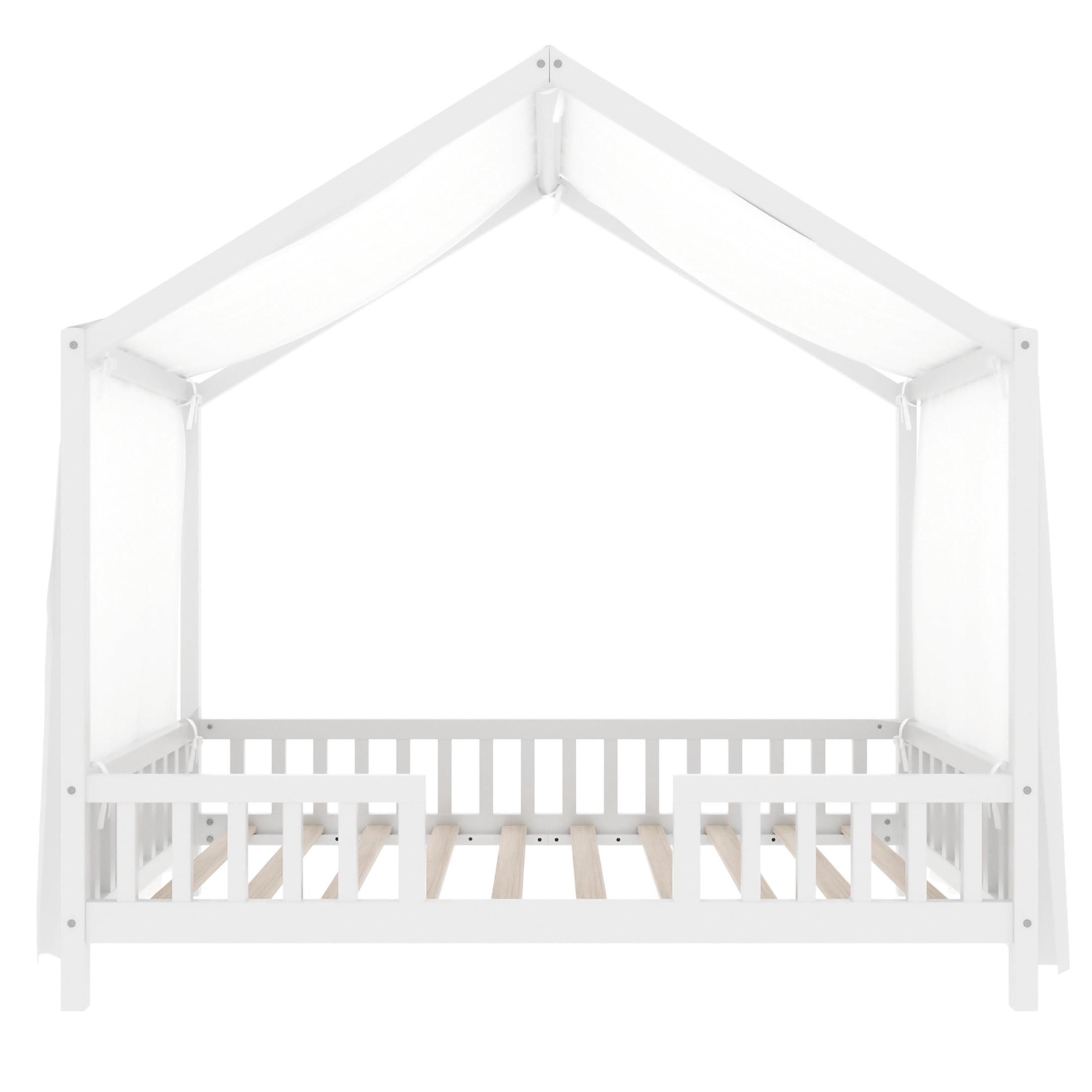 Noble House Twin Floor Bed with Canopy and Guardrails, Wood House Bed Frame for Kids, White