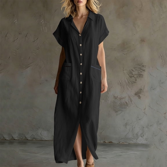 BRGZLK Womens Shirt Dresses Summer Trendy Solid Color V-Neck Button Down Cardigan Dresses Lightweight Breathable Beach Dress with Pockets Black XL