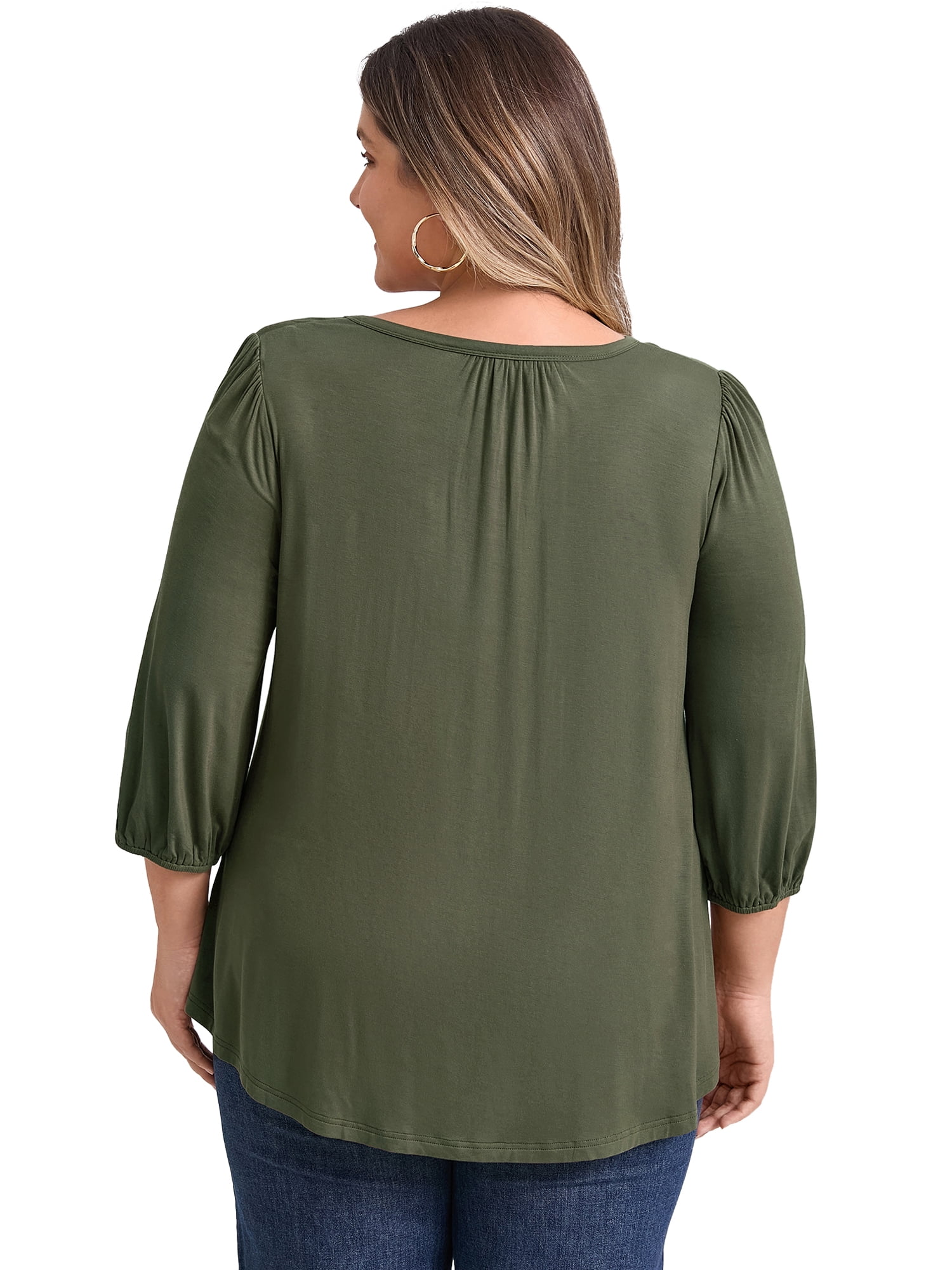 DARING DIVA Women's Plus Smocked 3/4 Sleeve Notch V Neck Blouse 1X Army Green