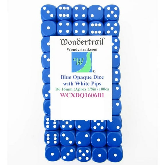 Blue Opaque Dice with White Pips D6 16mm (5/8in) Pack Of 100 Wondertrail