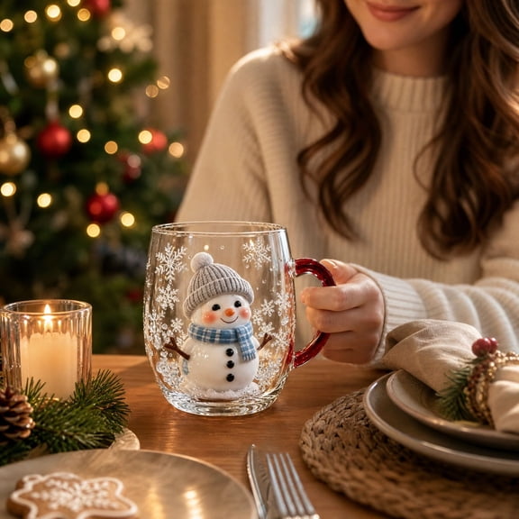 Christmas Glass Mug with Handle, Festive Drinkware Featuring Classic Seasonal Motifs for Coffee, Cocoa, Tea and Party Beverages, Decorative Table Serving Cup for Winter Gatherings, for Gift Giving