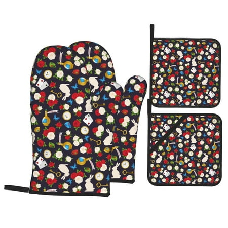 

Oven Mitts and Pot Holders 4 Piece Classic Rabbit Rose High Heat Slip Resistant Oven Mitt and Trivets Set Kitchen Oven Glove Pot Holders for Cooking Baking Grilling