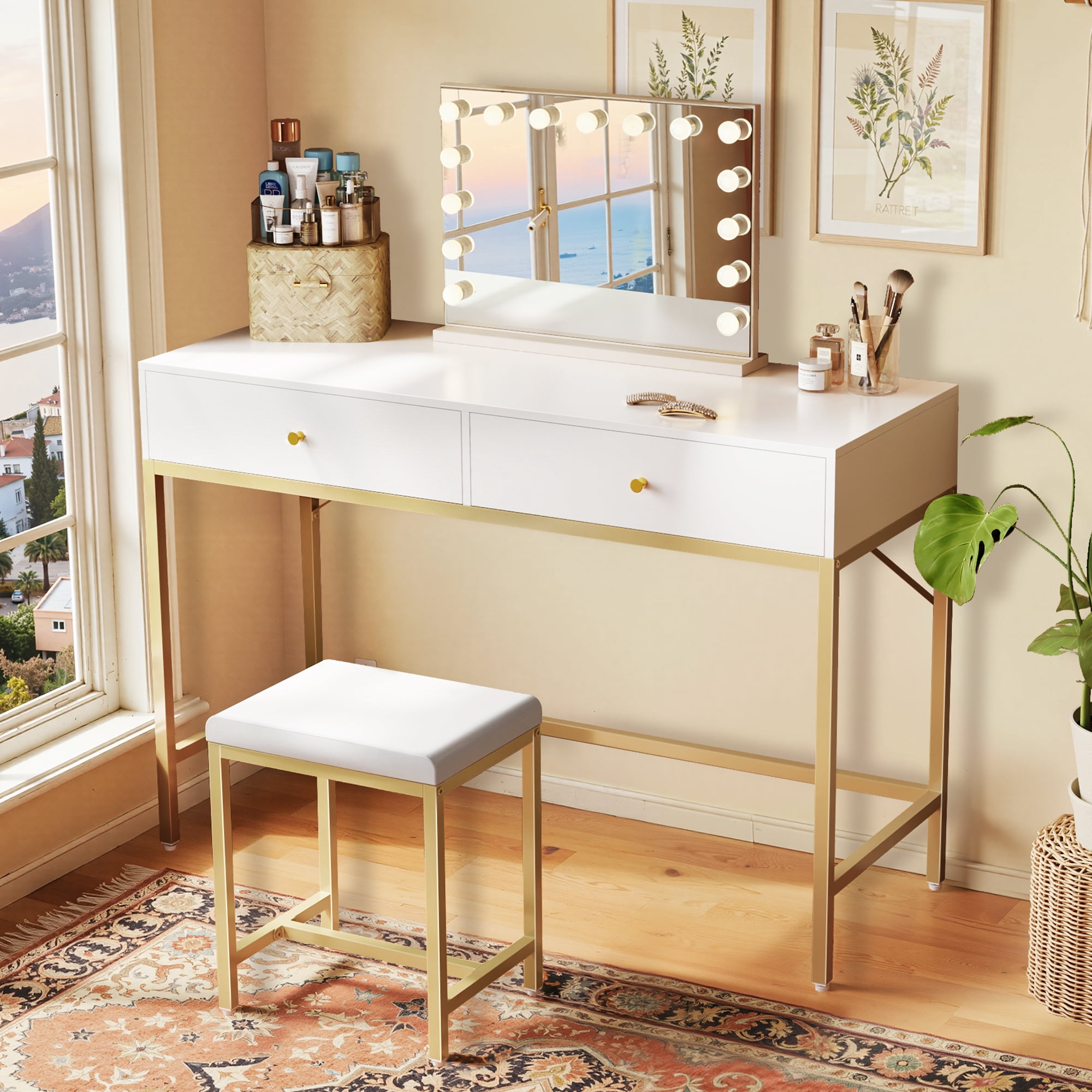 Amadwell 35.4 Inches White and Gold Desk with 2 Drawers, Vanity Desk with Padded Stool, Bedroom