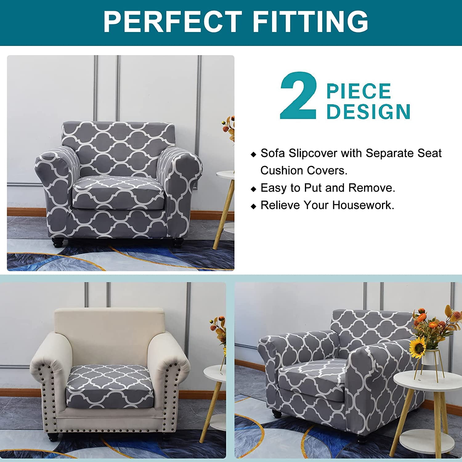CHUNTIAN 2 Piece Chair Covers Printed Sofa Covers Couch Covers Washable Armchair Sofa Couch Slipcover Furniture Protector with Elastic Bottom for Living Room (Armchair, 20), Small