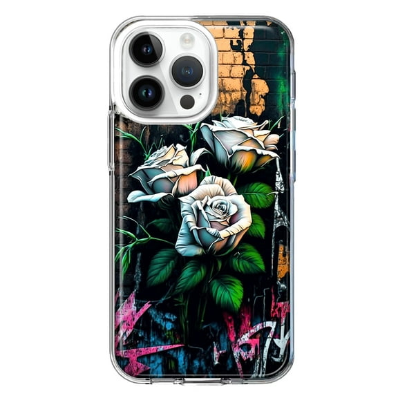 MUNDAZE Case for Apple iPhone 15 Pro Max Slim Hard Shell Soft TPU Hybrid Shockproof Heavy Duty Protective Phone Cover - White Roses Graffiti Wall Art Painting