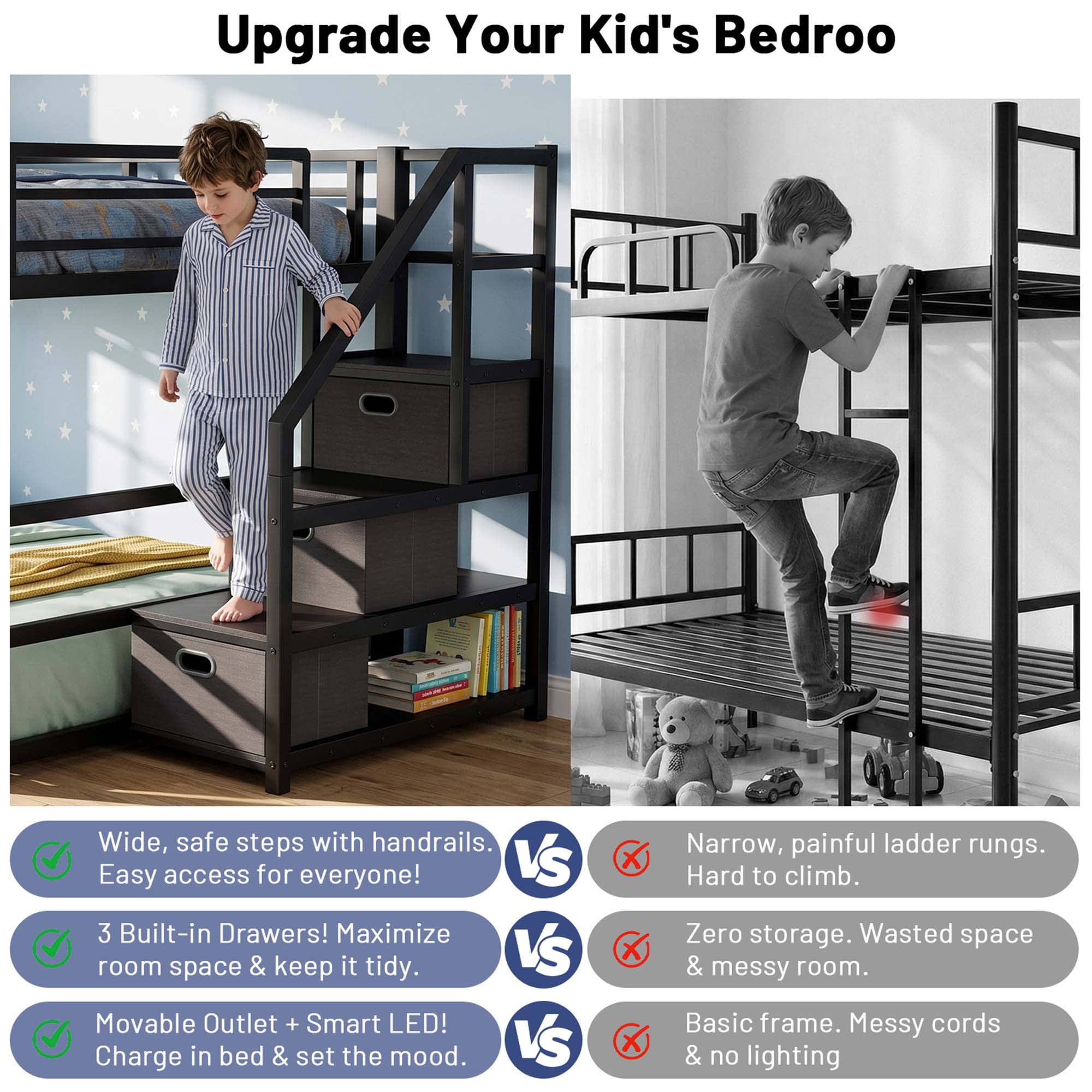 Miniyam Full Over Full Bunk Bed with Storage Stairs, Movable Charging Station and LED Lights, Black