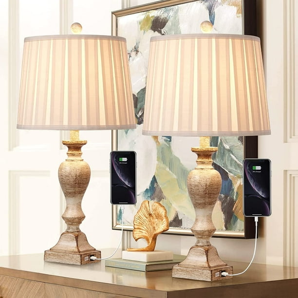 26" Farmhouse Table Lamp Set of 2, Tradition Bedside Lamp with 2 USB