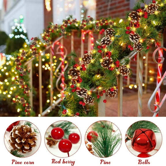 Christmas Garland with Lights, 9FT Prelit Artificial Garland, Equipped with Pine Cones, Red Berry Clusters, Warm Lights, Perfect for Xmas Mantel, Door, Stairs, Indoor Home Christmas Decoration