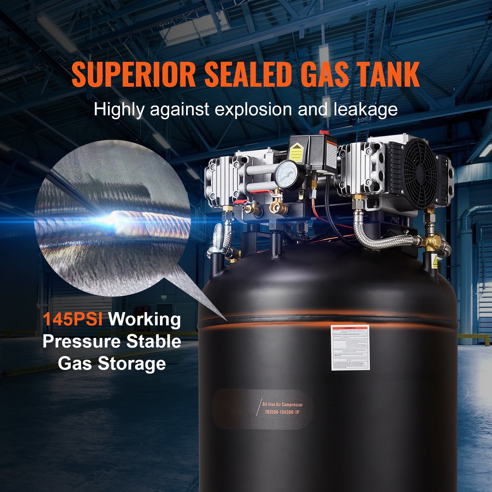 KFFKFF 80 Gallon Air Compressor, 6.5HP, 15.5SCFM@90 PSI, Two-Stage 145PSI, Lubrication-Free, 86dB Low Noise, Suitable for Industrial Production, Building, Car Maintenance