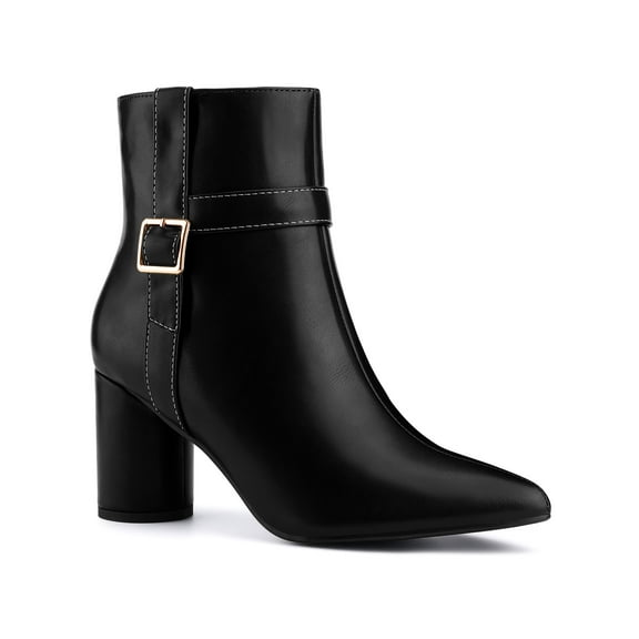 BLISSFUL STEP Women's Ankle Boots Block Heel Pointed Toe Buckle Side Zipper Boots Black 5.5