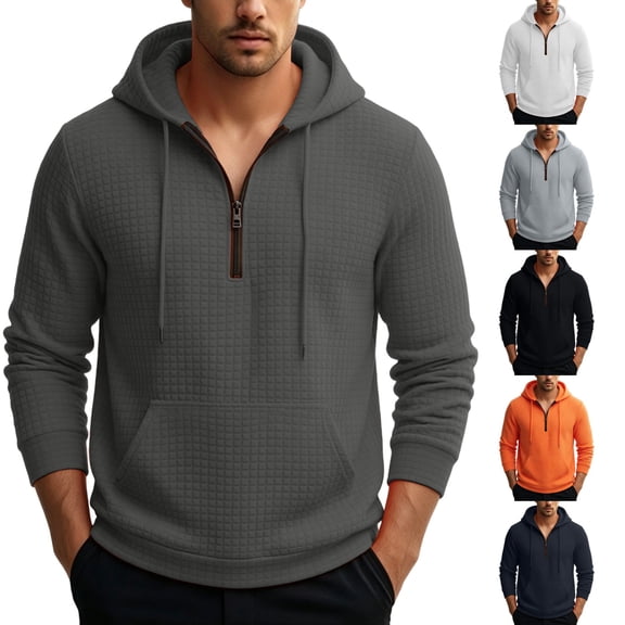 Mineart Hoodies for Men Solidcolor Checkerboard Casual Sports Straight Pullover Long Sleeve Sweatshirt Quarter-zip Tops with Pocket Drawstring