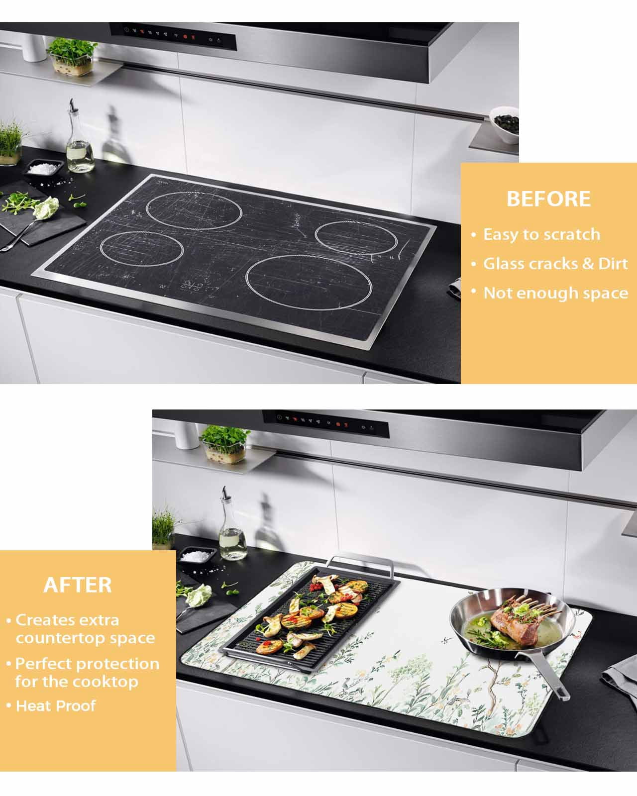 nqOlkjepod Large Induction Cooktop Protector Mat 24"x21", Green Eucalyptus Leaves Stove Top Covers for Electric Stove, Farmhouse Botanical Decorative Stove Burner Cover Mats, Glass Top Stove Cover