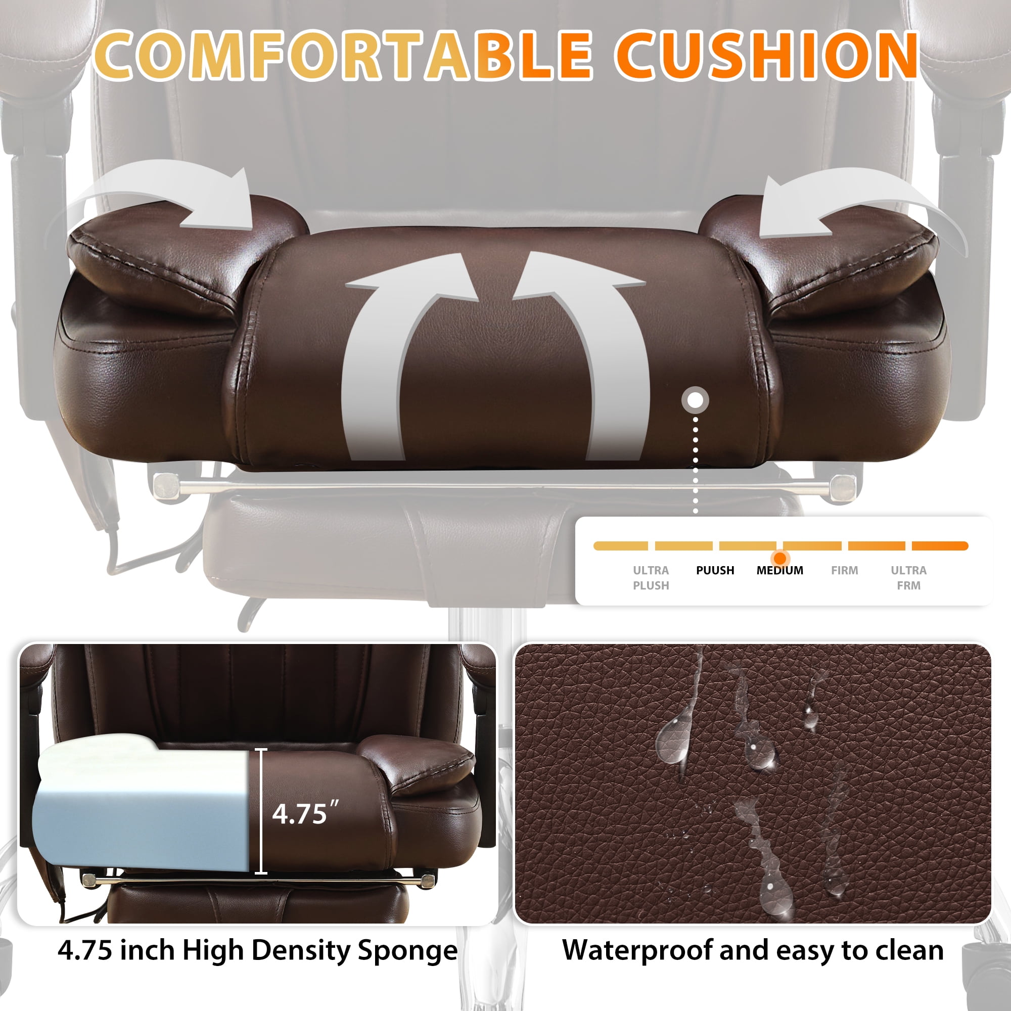 JONPONY Big and Tall Office Chair 500LBS Executive Office Chair Massage and Footrest Ergonomic Computer Desk Chair Reclining High Back Leather Office Chair Lumbar Back Support Swivel Rolling,Brown
