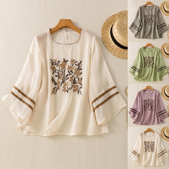 Jsaierl 3/4 Length Sleeve Cotton Linen Tops for Women Casual Button Up Crew Neck Shirts Cute Print Ladies Embroidery Blouses Soft Loose Fit T-shirts Top M-2XL