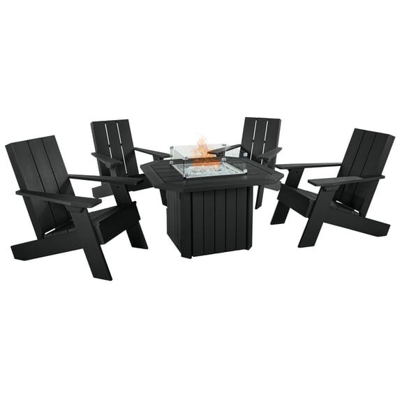 Highwood's Italica Modern Adirondack 5pc Conversation Set with Highwood's 40" Oasis Outdoor, Propane Gas, Fire Pit Table - 55,000 BTU