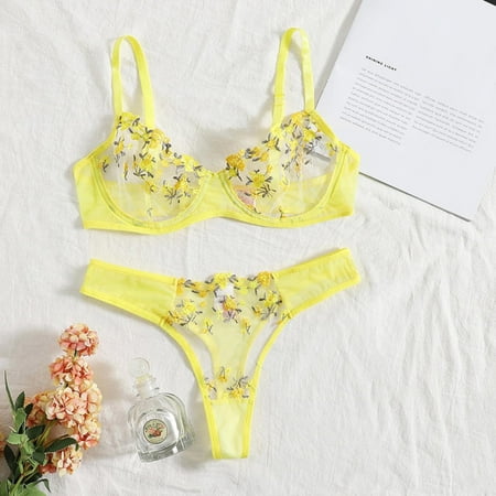 UKLSQMA Women s Sexy Lace Floral Bralette Corset Two-Piece Underwear Set Fashionable Lingerie for Bedroom or Special Nights Yellow M