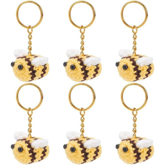 DIY 3D Bee Charm Keychain Making Kit Including Iron Split Key Rings Handwork Knitting Woolen Yarn Ornaments Accessories Yellow 12Pcs/set