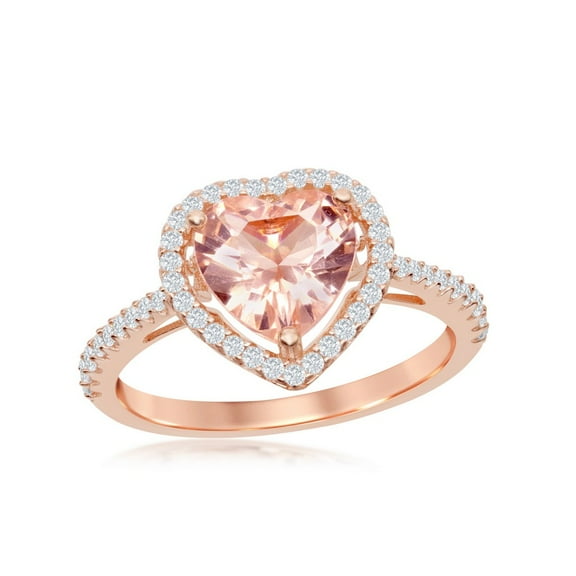 Rose Gold Plated Sterling Silver Heart Morganite and Clear Bordered CZ Ring Size 6