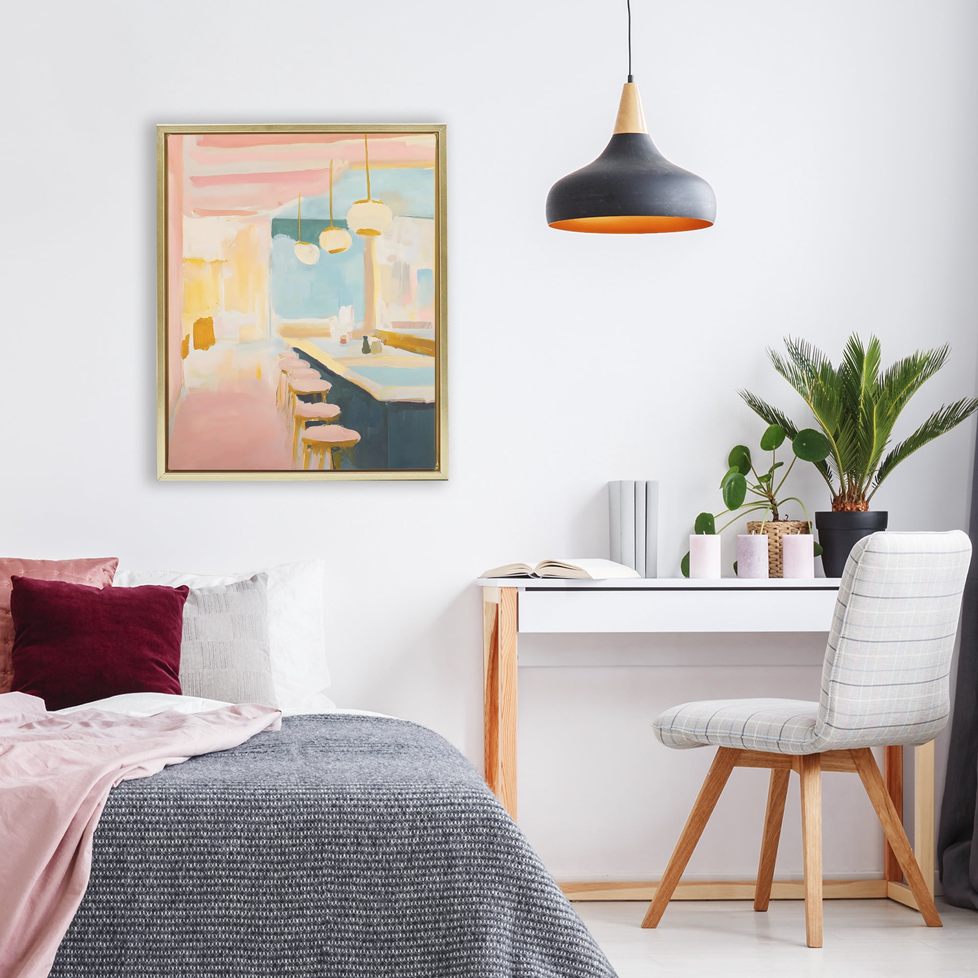 Stupell Industries Pastel Pink Bar Stools Gold Framed Floater Canvas Wall Art, design by The Prints Vibe