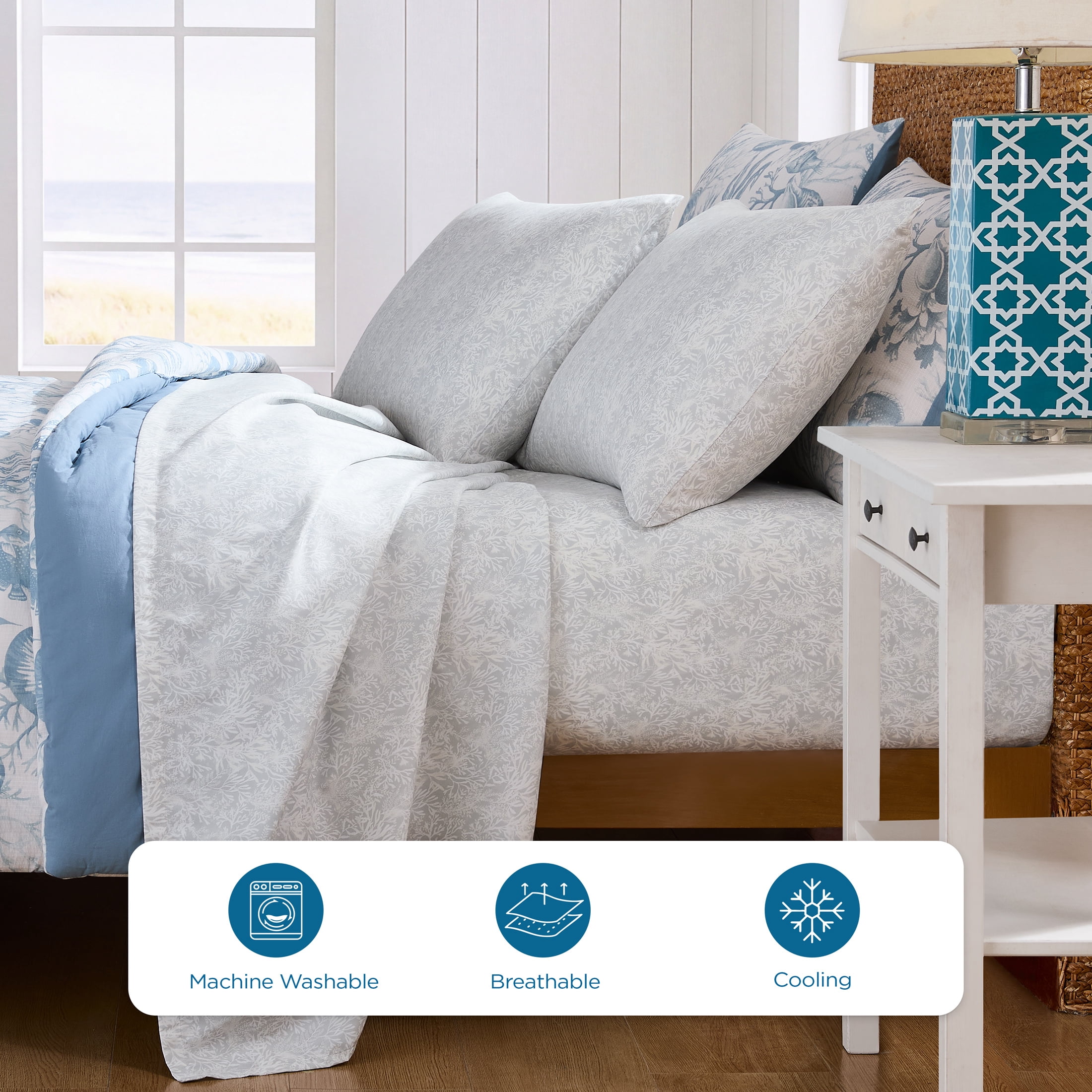 Coastal Living 4-Piece Grey Print Soft Brushed Microfiber Luxury Cooling Sheet Set, Queen