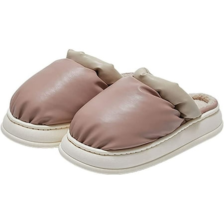 

CoCopeanut Unisex Plush Slippers PU Leather Winter House Slippers Fleece Lined Cozy House Shoes 2022