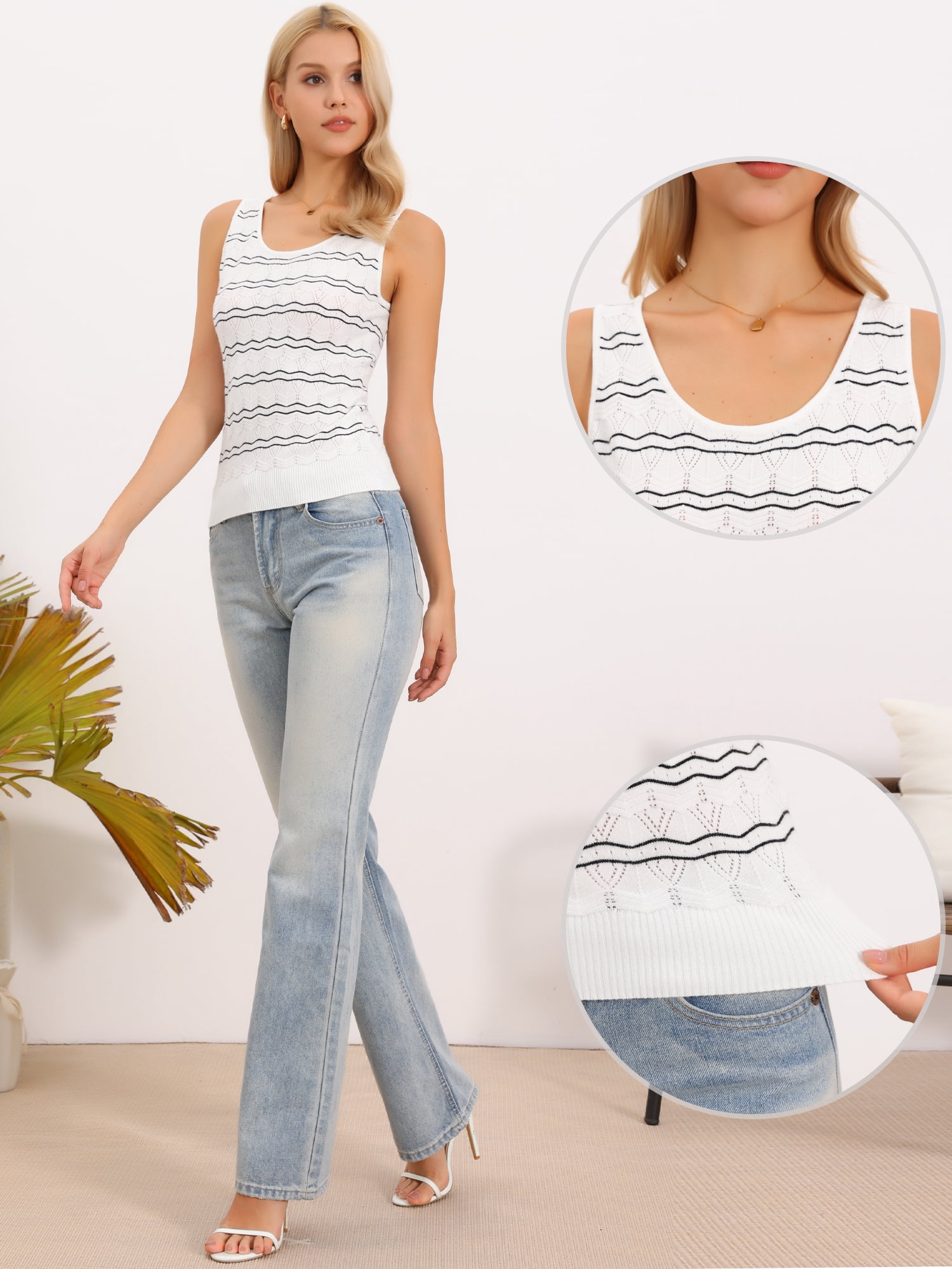 DARING DIVA Women's Striped Sleeveless Crew Neck Knit Casual Cami Tops L White