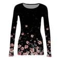 thumbnail image 5 of Women's Crew Neck Long Sleeve T-Shirt Ribbed Knit Slim Fit Floral Print Fall Winter Casual Layering Fitted Top 02-Black S, 5 of 5