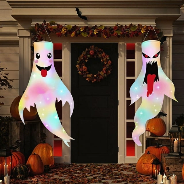 Sentmoon Ghosts of Halloween Halloween Ghost Windsocks Hanging Decorations Flag Wind Socks Halloween Decorations Hanging Ghost Decorations with LED Lights for Yard Outdoor Party Supplies